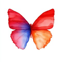 A vibrant watercolor butterfly showcasing a gradient of red, blue, and orange hues, symbolizing beauty and transformation in nature.