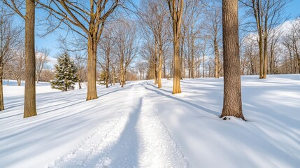 Fototapeta premium Serene Winter Landscape with Snow-Covered Path and Leafless Trees Under Clear Sky
