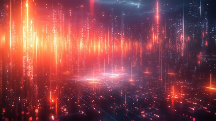 Fototapeta premium A futuristic digital map with bright streams of data flowing across a glowing grid, radiant neon highlights illuminating the continents, holographic nodes pulsating,