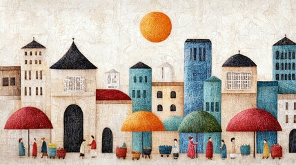 Colorful Abstract Cityscape with Market Stalls and Vibrant Sun in Artistic Style
