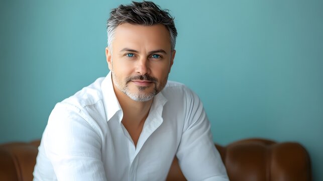 A mature man with graying hair poses in a white shirt