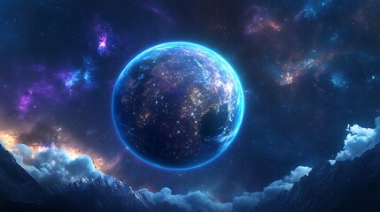 Obraz premium A futuristic Earth seen from space, with bright data streams orbiting in intricate patterns, holographic visuals overlaying the continents,