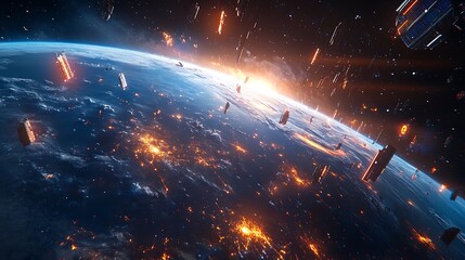 A futuristic Earth seen from space, with bright data streams orbiting in intricate patterns, holographic visuals overlaying the continents,
