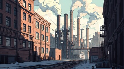 Fototapeta premium Industrial Exterior View of Factories with Smoke in Background