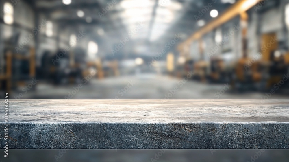 Poster empty stone table in blurred lighted factory environment