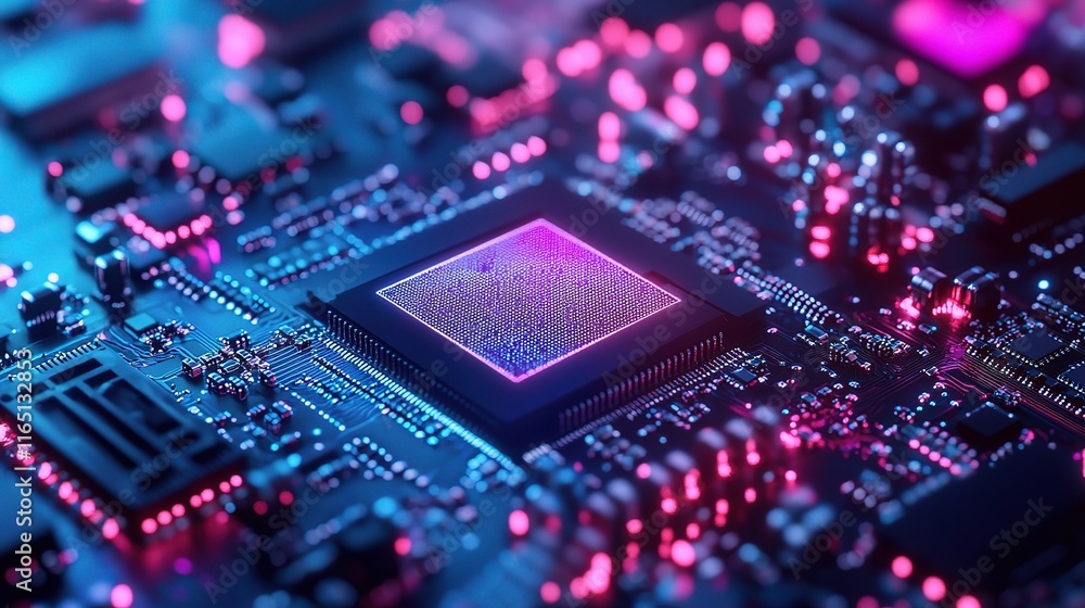 Poster close-up of colorful microprocessor on circuit board with leds