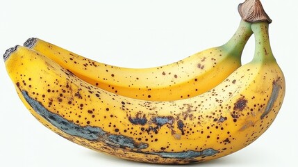 Two ripe bananas with brown spots on white background.