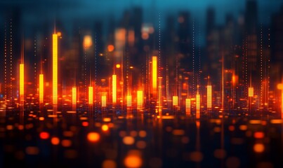 Fototapeta premium Abstract glowing city skyline at night with digital data visualization.