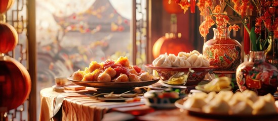 Festive Asian food table setting with dumplings, pastries, and flowers.