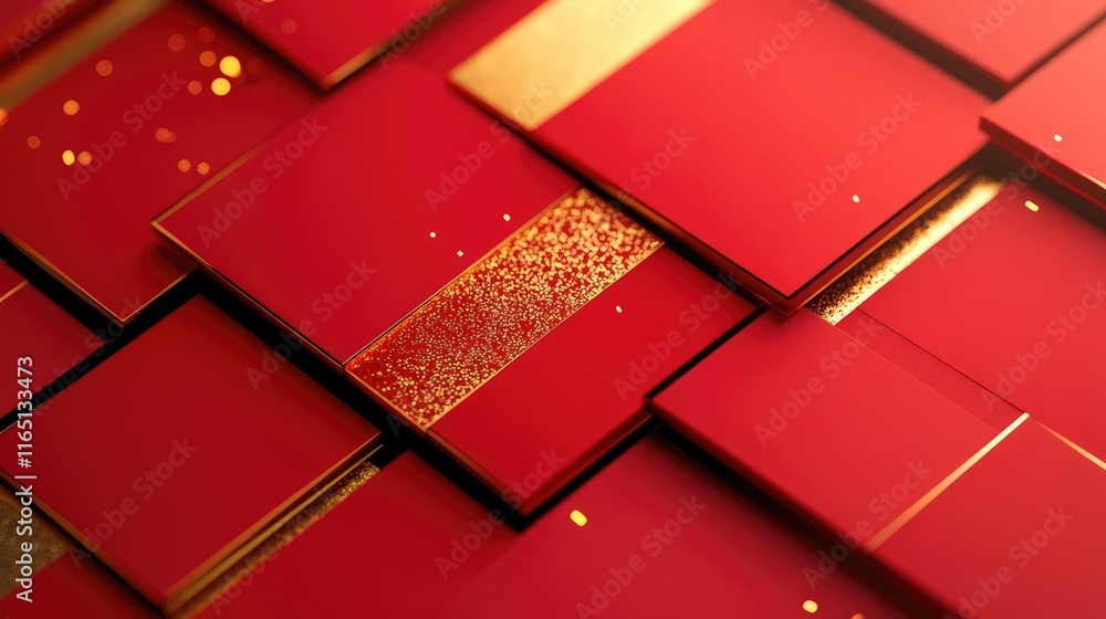 Poster elegant 3d chinese new year design with overlapping translucent red panels and shimmering gold highl