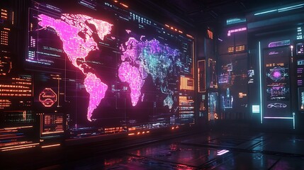 A futuristic holographic map display, with vibrant glowing continents, dynamic graphs and data streams floating above, and sharp neon lighting effects set in a high-tech environment,