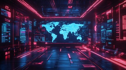 A futuristic holographic map display, with vibrant glowing continents, dynamic graphs and data streams floating above, and sharp neon lighting effects set in a high-tech environment,