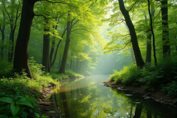 Obraz premium A photo of a rejuvenated forest with lush greenery and new growth, reflecting the harmony of spring.