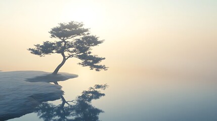 Obraz premium A calm morning scene with soft sunlight highlighting the shadow of a pine tree stretching across the dewy ground 