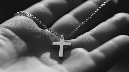 A hand gently holds a simple silver cross necklace.