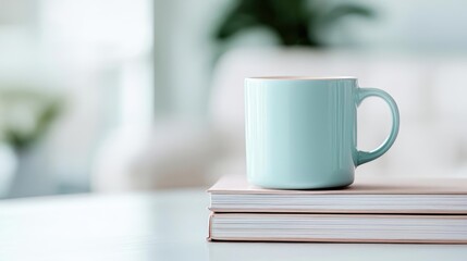 Fototapeta premium Pastel coffee idea. A serene morning scene with a mint green mug resting on stacked books.