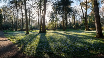 Naklejka premium Morning Sunlight Casting Shadows in a Serene Forest