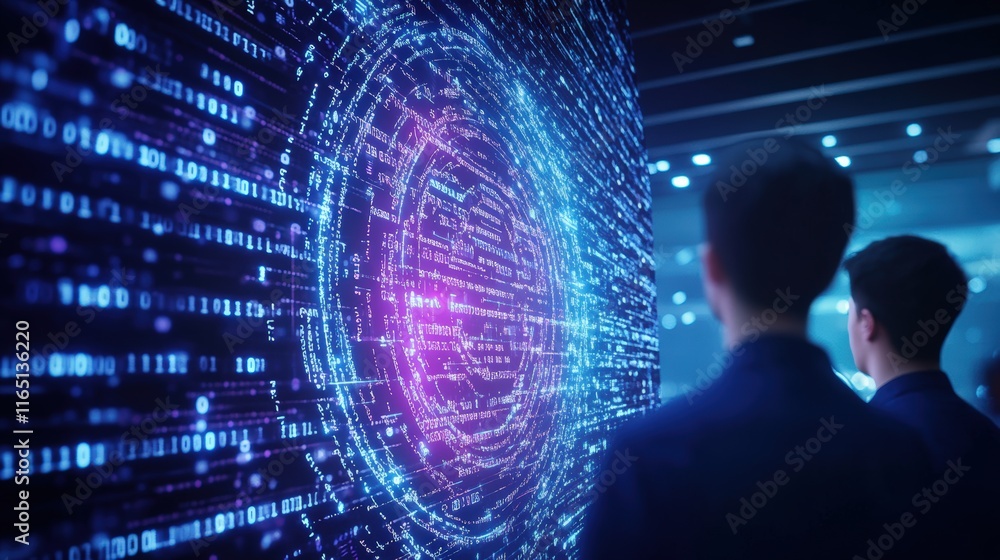 Poster decoding the future: two business professionals stand before a mesmerizing digital display, a vibran