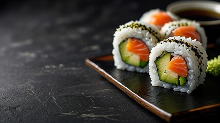 sushi rolls with rice and fish soy sauce on a background