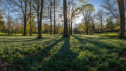 Morning Sunlight Casting Shadows in a Serene Forest