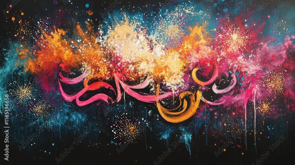 Aufkleber elegant abstract calligraphy with scattered fireworks, creating a harmonious blend of tradition and 