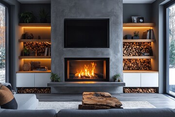 Modern minimalist living room with open fireplace, stacked wood, white cabinets, light gray color scheme, and wooden shelves for books and decor, creating a cozy atmosphere.