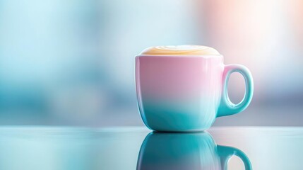 Fototapeta premium Pastel coffee idea. A stylish gradient mug filled with creamy coffee on a reflective table.
