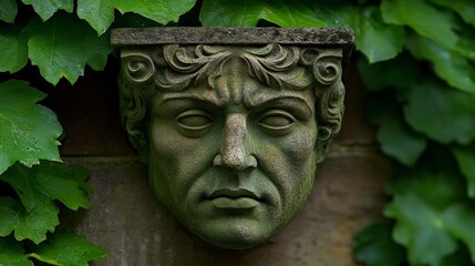Obraz premium Ancient Stone Face: Ivy-Covered Stone Carving 