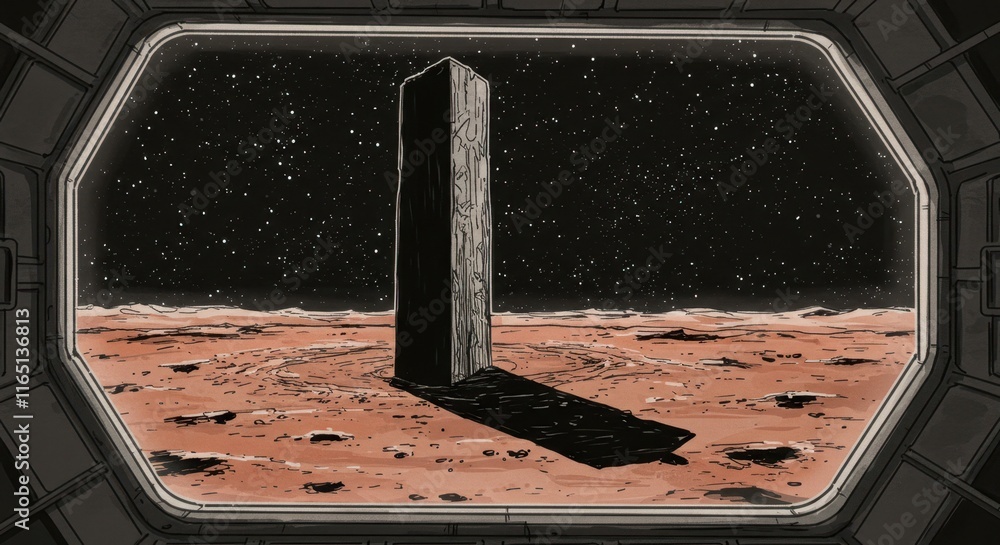 Poster mysterious monolith on mars seen through spacecraft window under starry sky