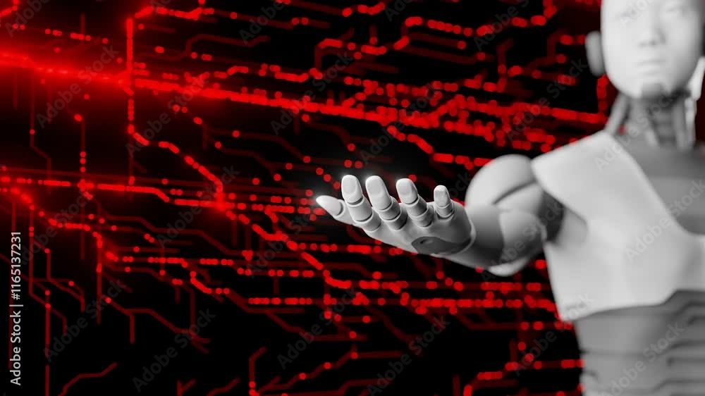 Poster humanoid robot reaching out with digital circuitry red background. futuristic technology concept. ar