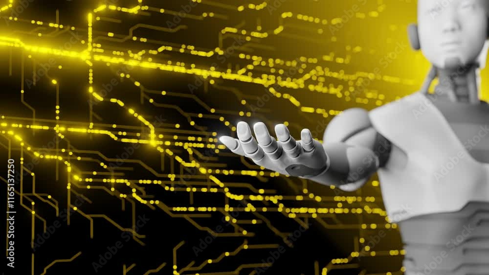 Poster humanoid robot reaching out with digital circuitry yellow background. futuristic technology concept.
