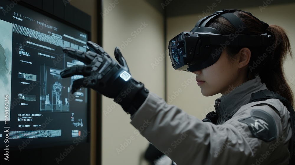 Poster woman in vr headset interacts with a large screen displaying data.