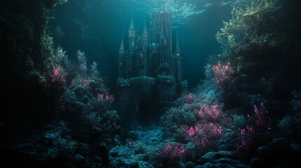 Fantasy Inspired Mythical Illustration of an Underwater Castle