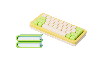 Cartoon style keyboard and books ,3d rendering