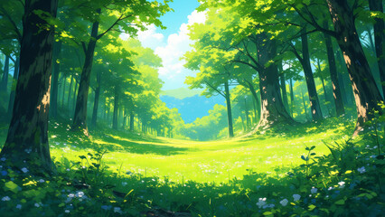 Obraz premium Illustration of nature’s renewal featuring fresh greenery, budding plants, and a serene atmosphere of a fresh start.