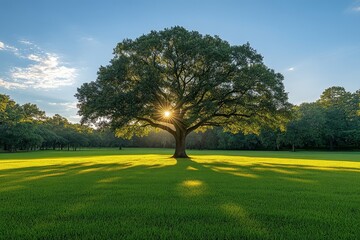 Fototapeta premium Large tree in an open field, bathed in sunlight, surrounded by lush grass, symbolizing relaxation, nature, and outdoor activities in a serene park setting.
