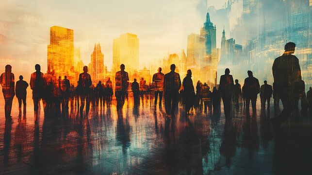 Silhouettes of People Against a Vibrant Cityscape Background