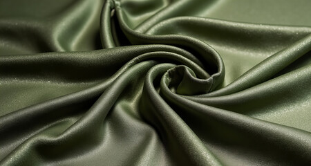 Obraz premium Luxurious Green Satin Fabric Swirl, Shiny and Smooth Texture with Intricate Folds, Ideal for Fashion, Upholstery, Backgrounds, and Elegant Design Concepts
