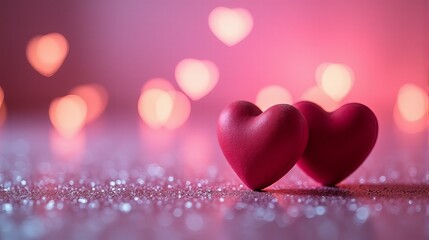 Two Red Heart Shaped Placed on a Sparkling, Glittery Surface With a Gradient of Pink and Purple Background Showcasing a Heart Shape Bokeh Effect.