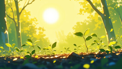 Obraz premium Illustration of a rejuvenated forest filled with lush greenery and vibrant growth, symbolizing the harmony of spring.