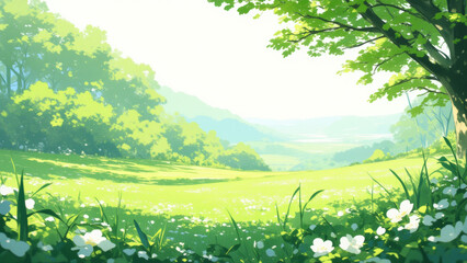 Obraz premium Illustration of a rejuvenated forest filled with lush greenery and vibrant growth, symbolizing the harmony of spring.