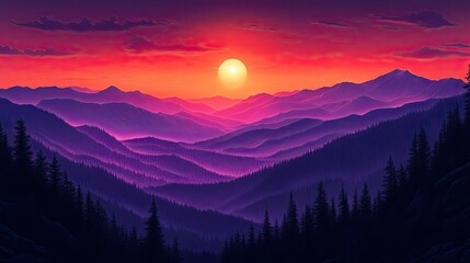 Obraz premium Purple mountain layers under a bright sunset.