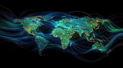 A glowing digital world map with vibrant neon blue and green data streams flowing across continents, illuminated nodes marking key locations, intricate gridlines,