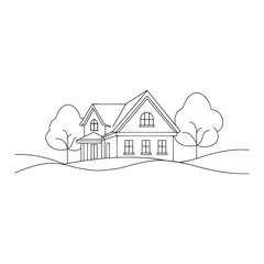 Abstract country house in continuous line art drawing style. Family home minimalist black linear design Hand drawn Continuous line art flat vector illustration on white background.