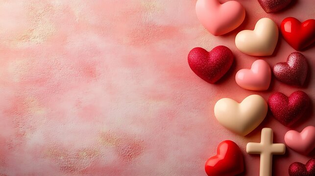 Pink hearts background with a cross and red hearts - Powered by Adobe