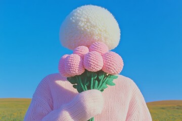 Hand-knitted woman holding a bouquet of pastel yarn flowers, standing gracefully in front of a...