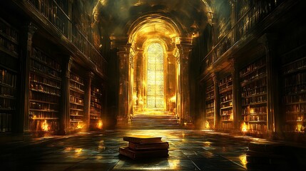 Fototapeta premium Majestic golden library interior with books, glowing candles, and arched windows.