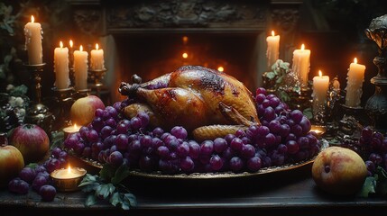 Obraz premium Lavish feast with roast turkey surrounded by grapes and candlelight ambiance. Happy Thanksgiving