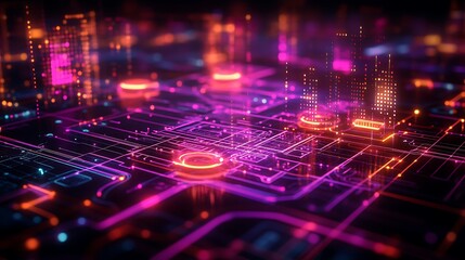 Obraz premium A glowing global map with key tech hubs illuminated by bright neon nodes, connected through intricate pathways of data streams, overlaid with holographic grids and circuit patterns,