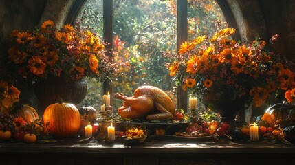 Festive autumn harvest table setting with turkey and seasonal decorations. Happy Thanksgiving